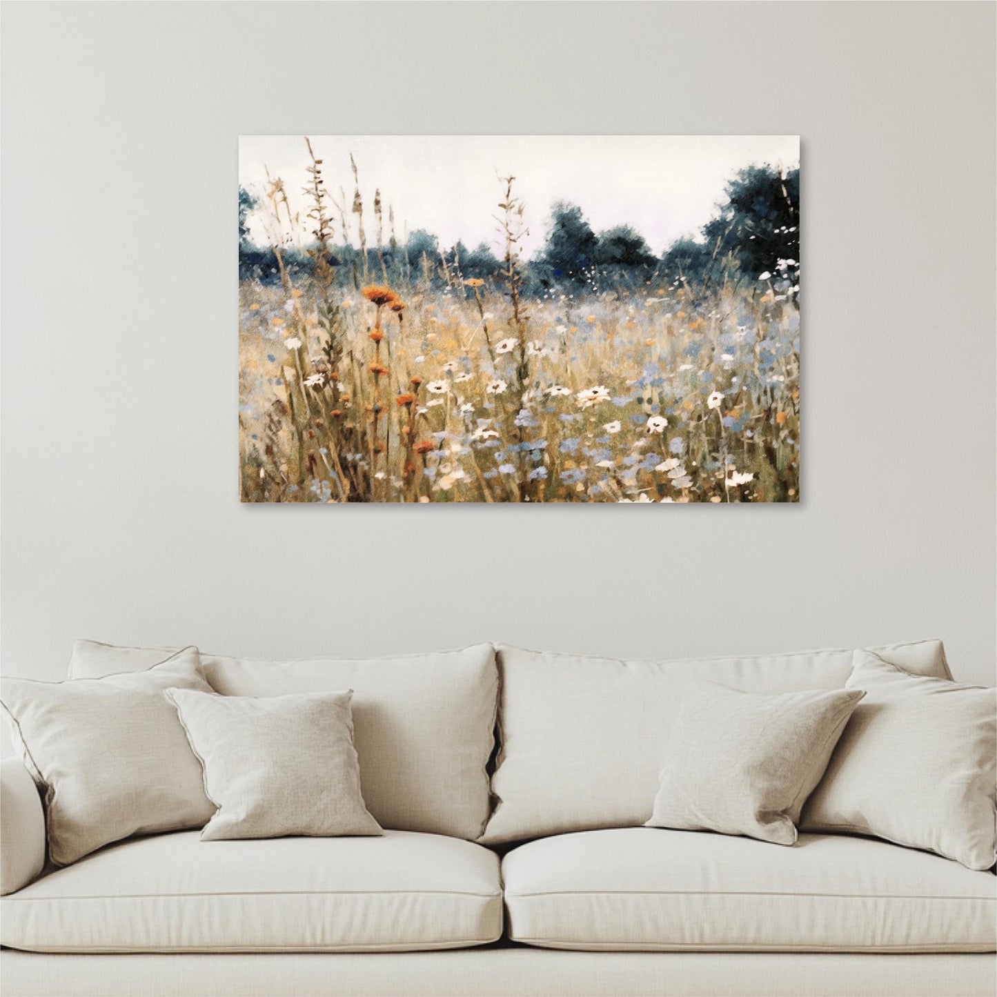 Wildflower Field Landscape Oil Painting, Large Framed Canvas Art, Farm House Decor Field of Flowers, Rustic Neutral Tones Fine Art Vintage
