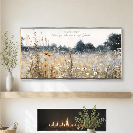 Vintage Wildflower Field Framed Art, I Have Seen Goodness of God, Floral Landscape Artwork, Christian Decor Rustic Modern Farmhouse