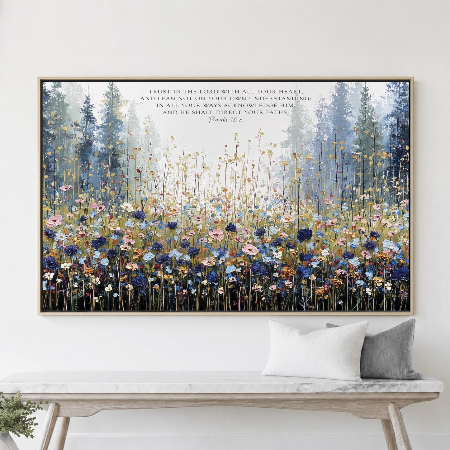Trust in the Lord Wall Art, Blue Mountain Meadow Landscape, Christian Scripture Framed Canvas Print Office Artwork, Bedroom Proverbs 3:5-6 Bible Verse Floral Art