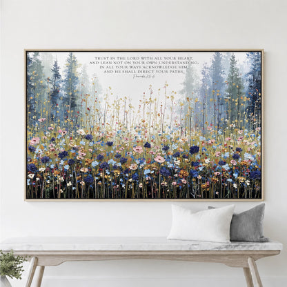 Trust in the Lord Wall Art, Blue Mountain Meadow Landscape, Christian Scripture Framed Canvas Print Office Artwork, Bedroom Proverbs 3:5-6 Bible Verse Floral Art