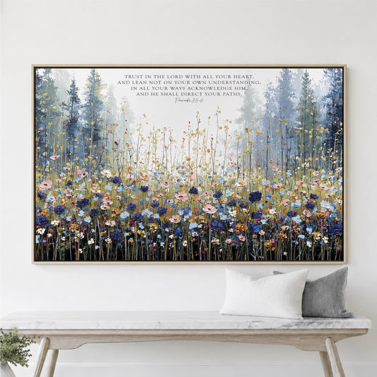Trust in the Lord Wall Art, Blue Mountain Meadow Landscape, Christian Scripture Framed Canvas Print Office Artwork, Bedroom Proverbs 3:5-6 Bible Verse Floral Art