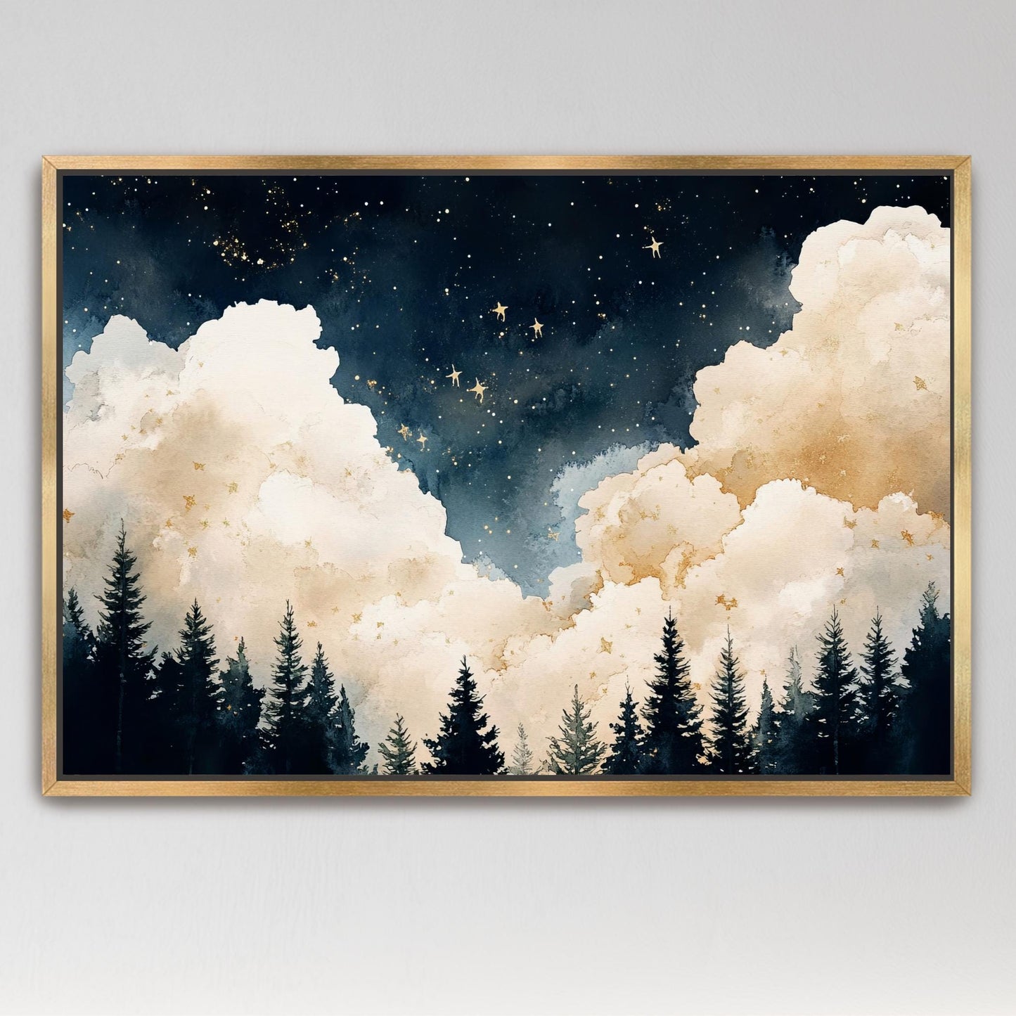 a painting of a night sky with clouds and trees