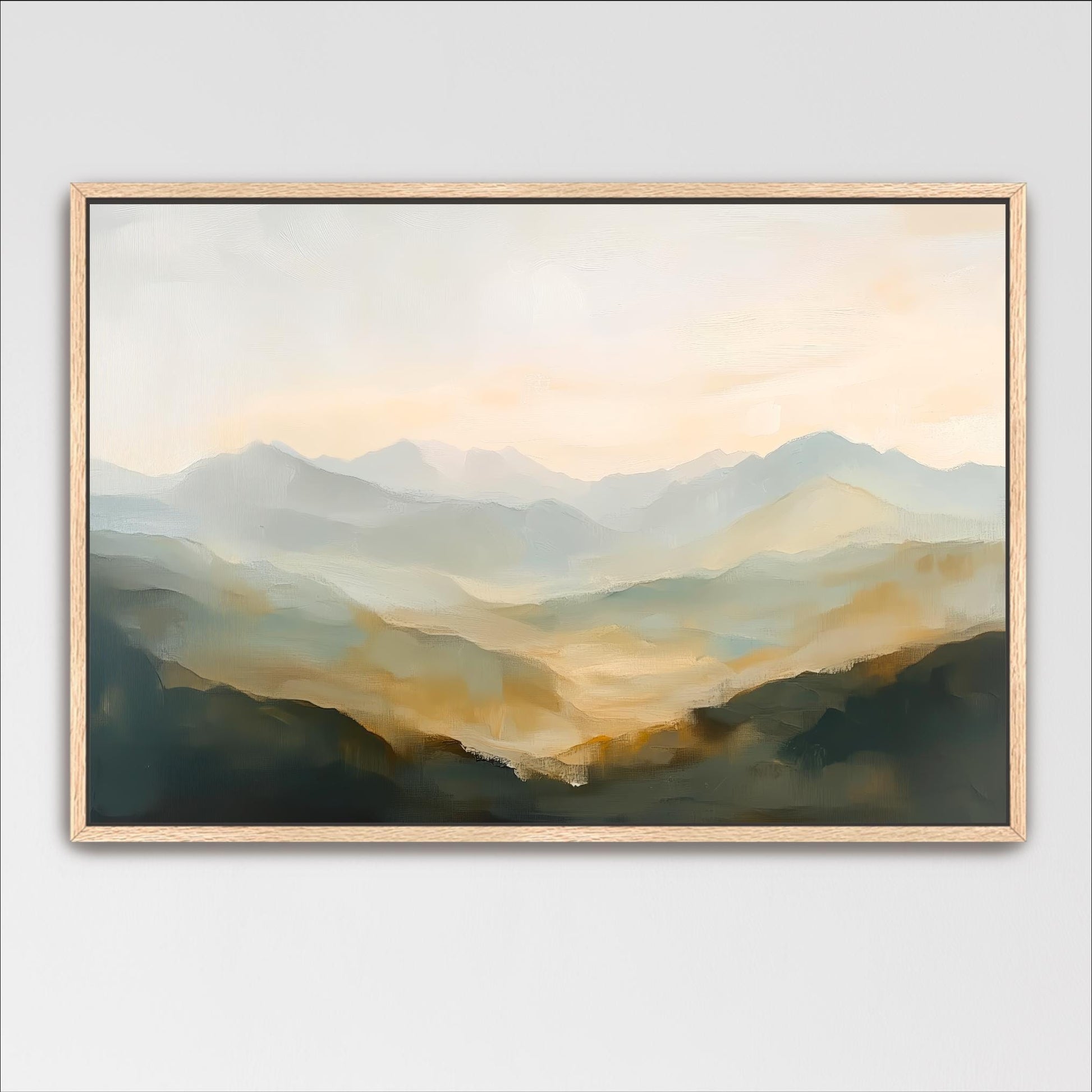 The image is a framed landscape painting depicting a mountainous, hazy valley with a warm, golden glow.