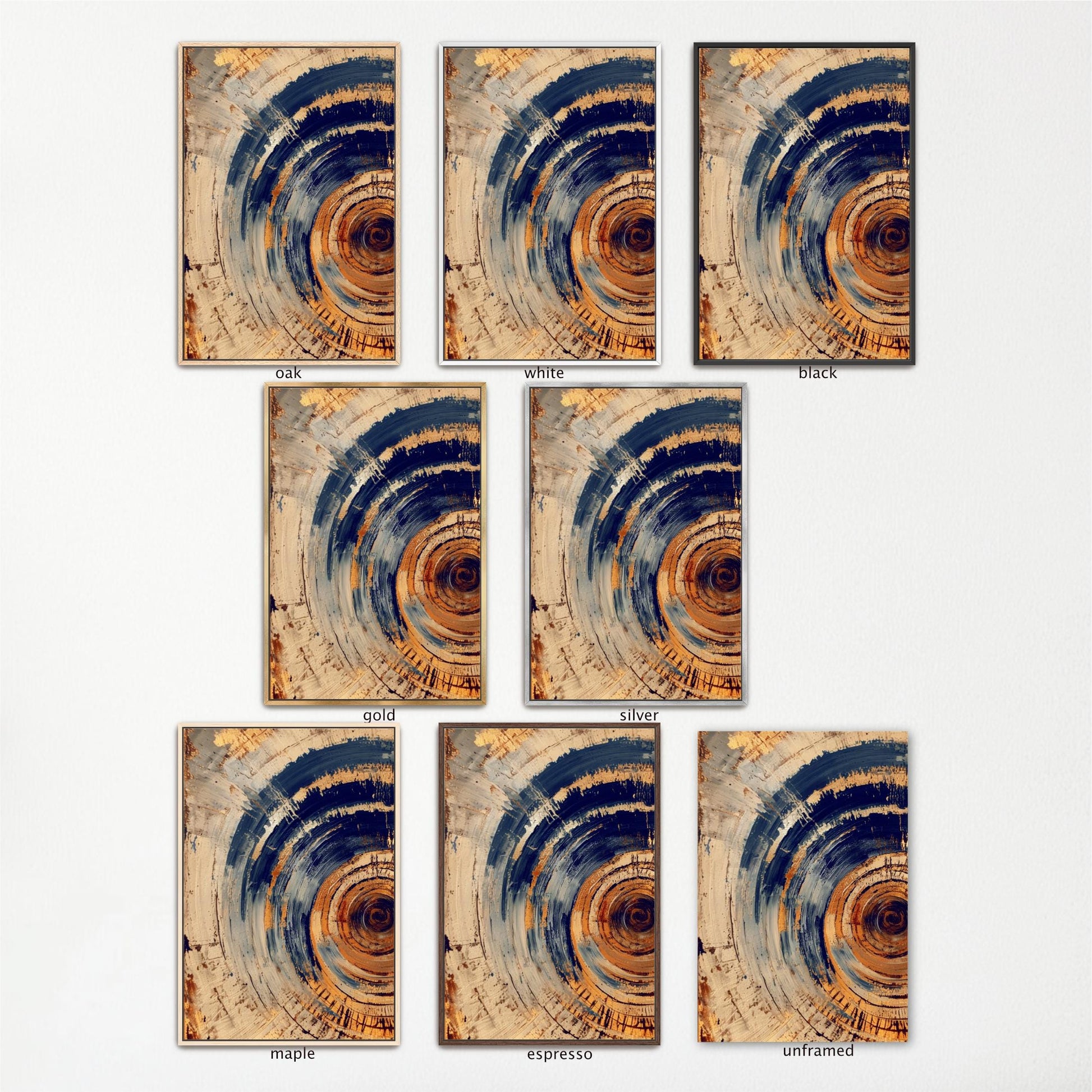 a collection of nine abstract paintings, each with a unique color scheme and style. The paintings are arranged in a grid format, with three paintings in each row and three paintings in each column. The paintings feature a variety of colors, including shades of blue, orange, and brown, as well as different brushstrokes and textures. The arrangement of the paintings creates a visually appealing and harmonious display.