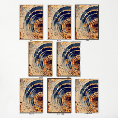 a collection of nine abstract paintings, each with a unique color scheme and style. The paintings are arranged in a grid format, with three paintings in each row and three paintings in each column. The paintings feature a variety of colors, including shades of blue, orange, and brown, as well as different brushstrokes and textures. The arrangement of the paintings creates a visually appealing and harmonious display.