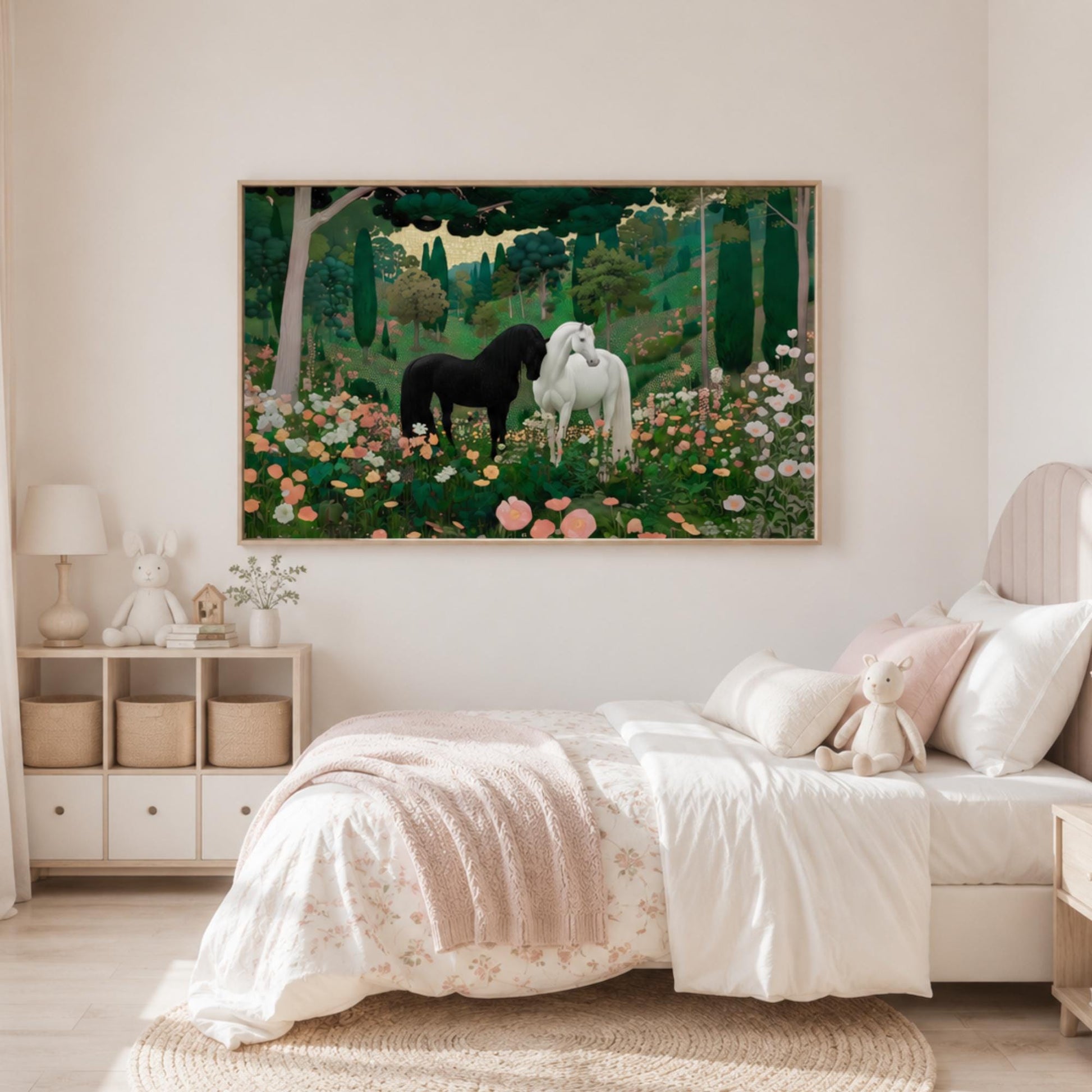 Gustav Klimt Inspired Horse Canvas Wall Art, Black and White Horses in Floral Meadow, Botanical Landscape Print, Cottagecore Decor, Framed Canvas