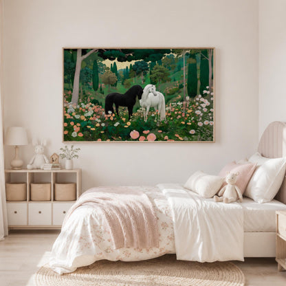 Gustav Klimt Inspired Horse Canvas Wall Art, Black and White Horses in Floral Meadow, Botanical Landscape Print, Cottagecore Decor, Framed Canvas