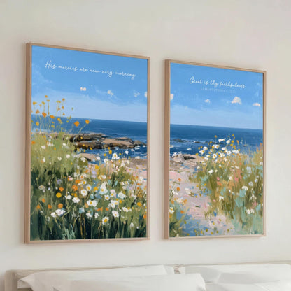 His Mercies Are New, Bible Verse Wall Art, Set of 2, Coastal Wildflower Landscape Canvas, Christian Decor, Religious, Scripture Shipped, painting in blue green and orange