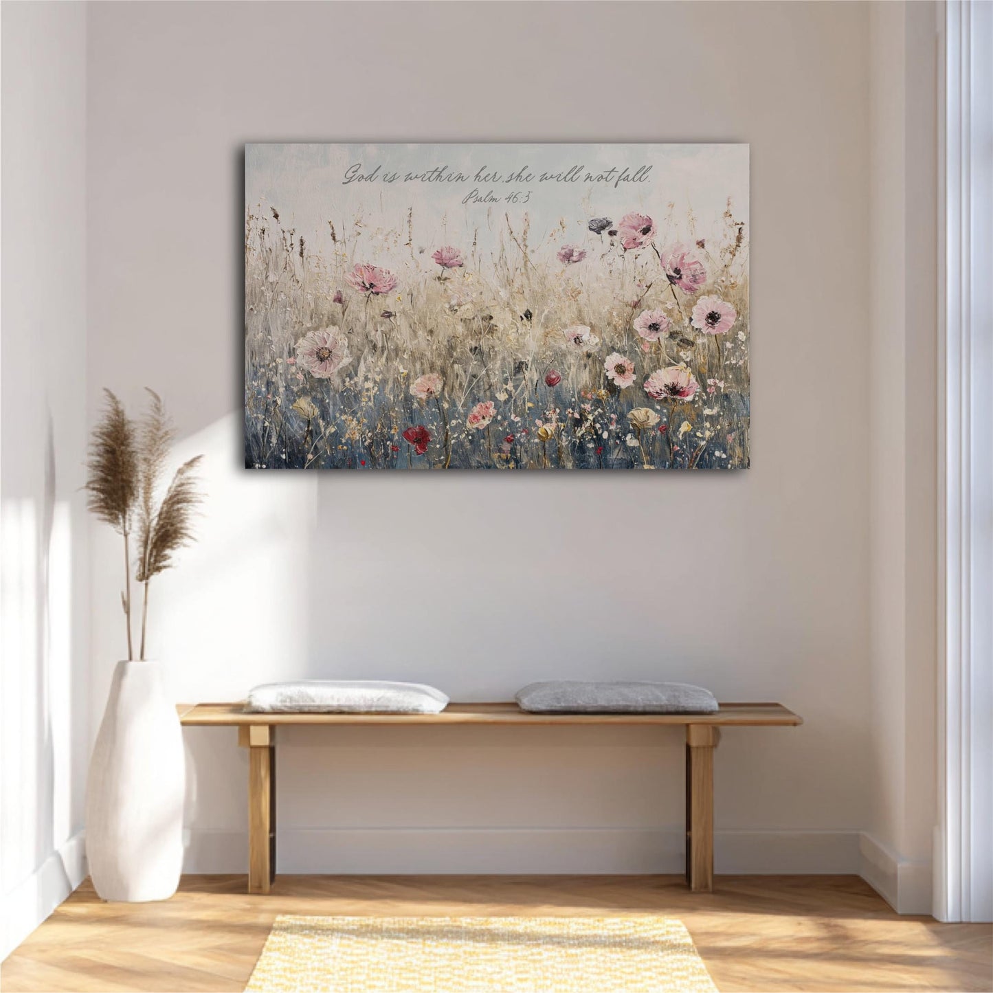 a serene and peaceful setting with a wooden bench, a vase of flowers, and a painting of a field of flowers hanging on the wall.
