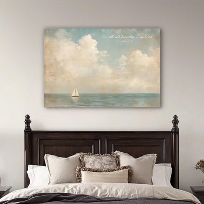 a large painting of a sailboat on the ocean, hanging above a bed with a wooden headboard.