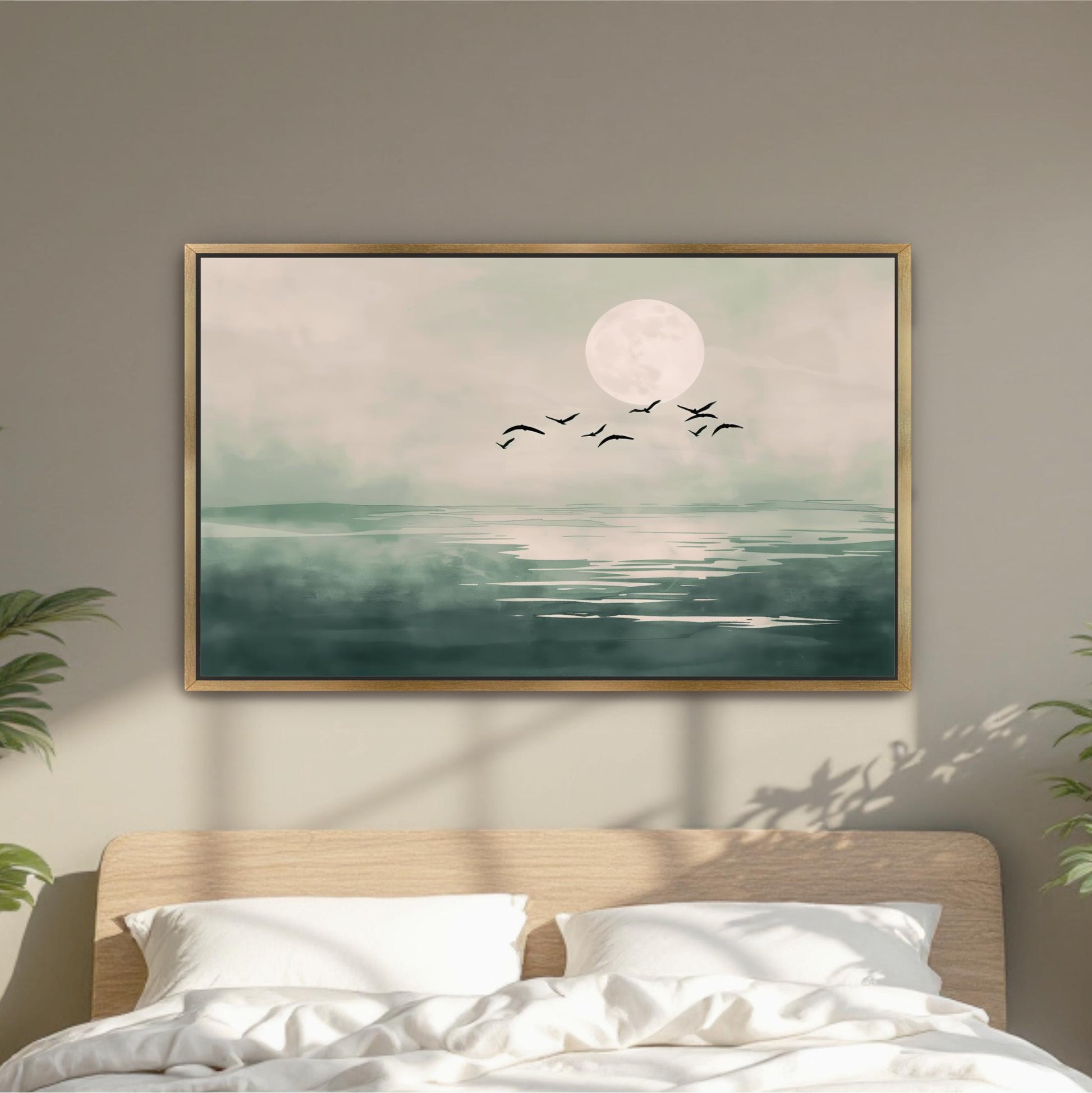 a large framed painting of a serene landscape with a full moon, birds flying over a body of water.