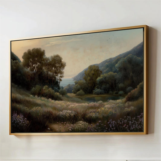 Vintage Framed Art, Coastal Landscape, Moody Farmhouse Wall Decor, Neutral Meadow Wildflowers Ocean, Oversized Livingroom, Bedroom Artwork