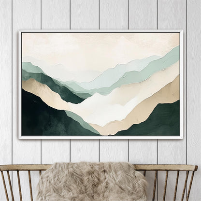 a framed abstract landscape painting hanging on a white wall above a wooden chair.