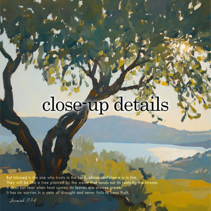 The image is a painting depicting a tree with a stream running through it, set against a mountainous landscape. The painting is titled "Closeup Details" and includes a biblical verse from the book of Isaiah 17:8.