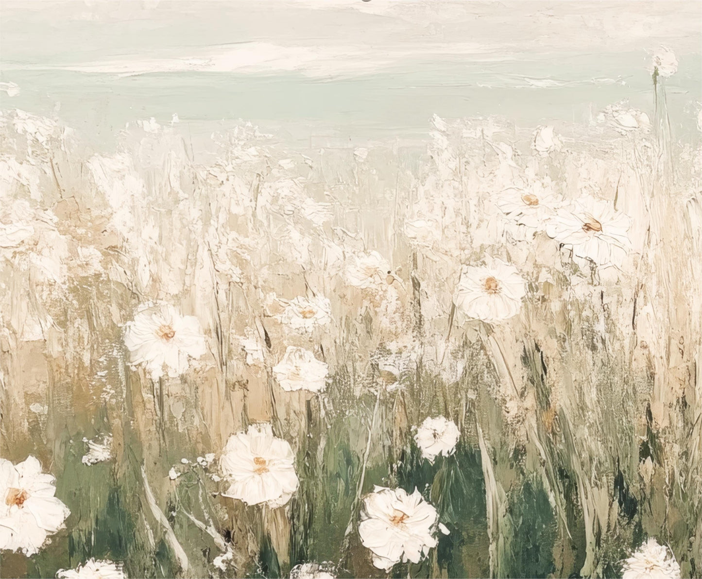 a painting of white flowers in a field