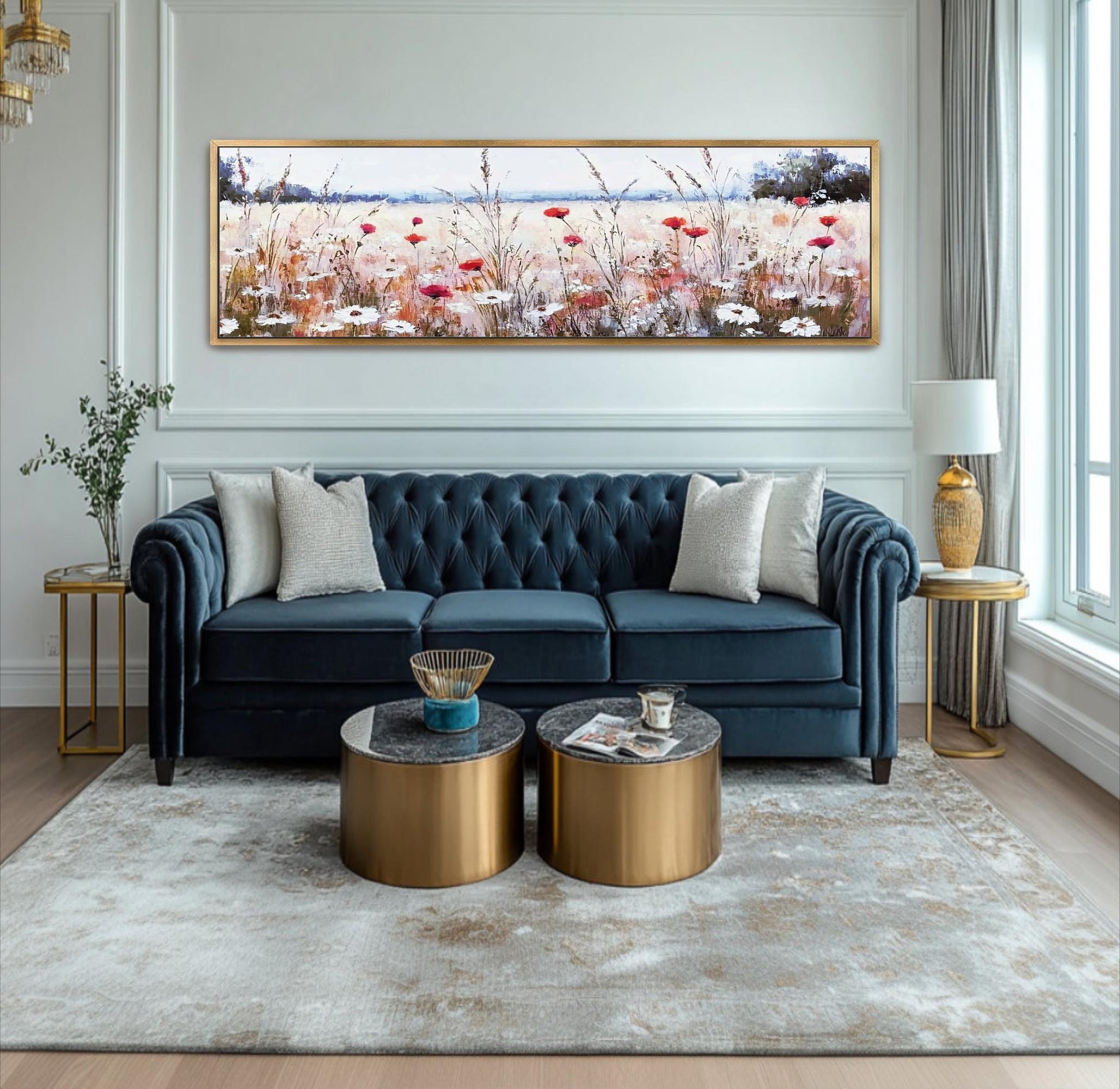 a living room with a blue couch and coffee table