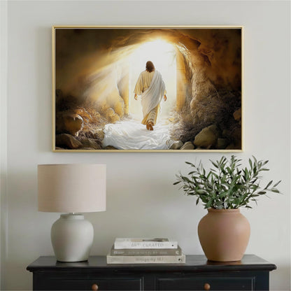 a religious scene with a figure in a white robe walking through a tunnel or cave, leading to a bright light at the end.