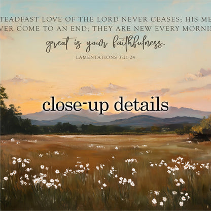 The image is a close-up of a pastoral landscape with a field of white flowers, mountains in the background, and a text overlay that reads "Close-up details" and "LAMENTATIONS 3:21-24".