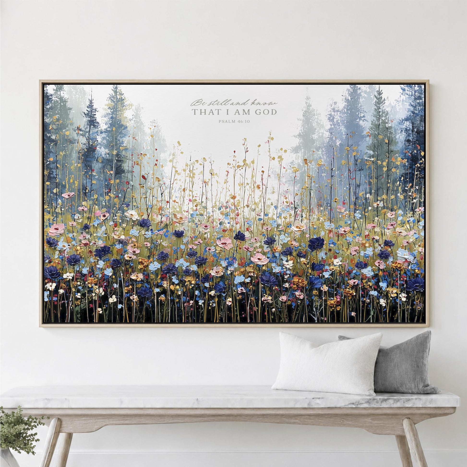 Mountain Meadow Be Still and Know that I am God, Scripture Wall Art Landscape Wildflowers Framed Artwork Psalm 46:10 Canvas Print Shipped