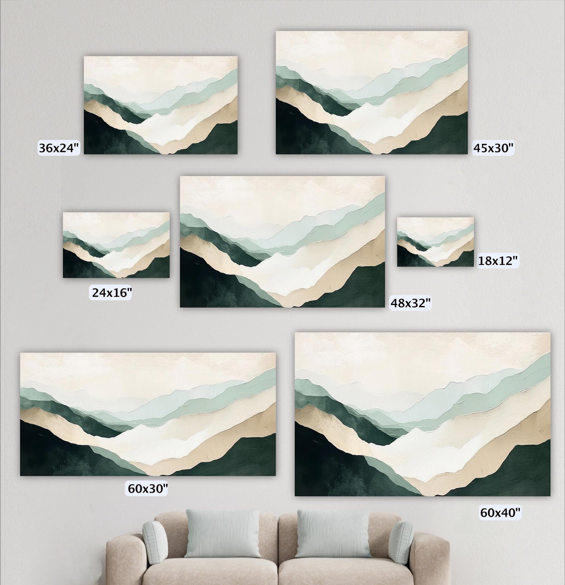 a collection of landscape paintings or artwork featuring mountains and hills, each with a different size and frame. The paintings are arranged on a wall, and there is a couch in the foreground.
