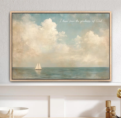 Christian Wall Art, I have Seen the Goodness of God, Vintage Sailboat Coastal Landscape Framed Canvas, Religious Seascape Decor Ocean