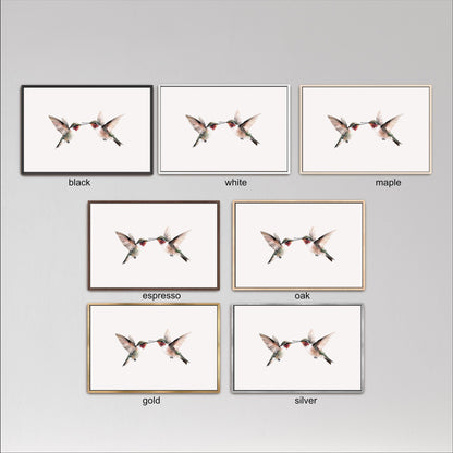 six framed pictures of hummingbirds, each with a different color frame, arranged in a grid against a gray background.