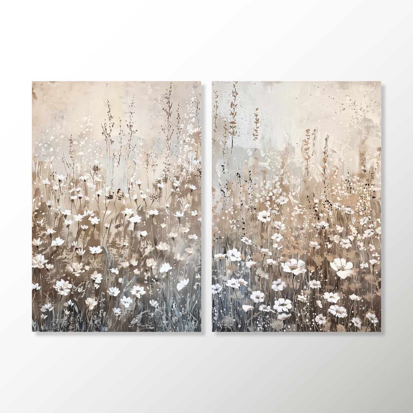 The image is a pair of paintings depicting a field of white flowers against a light beige background.