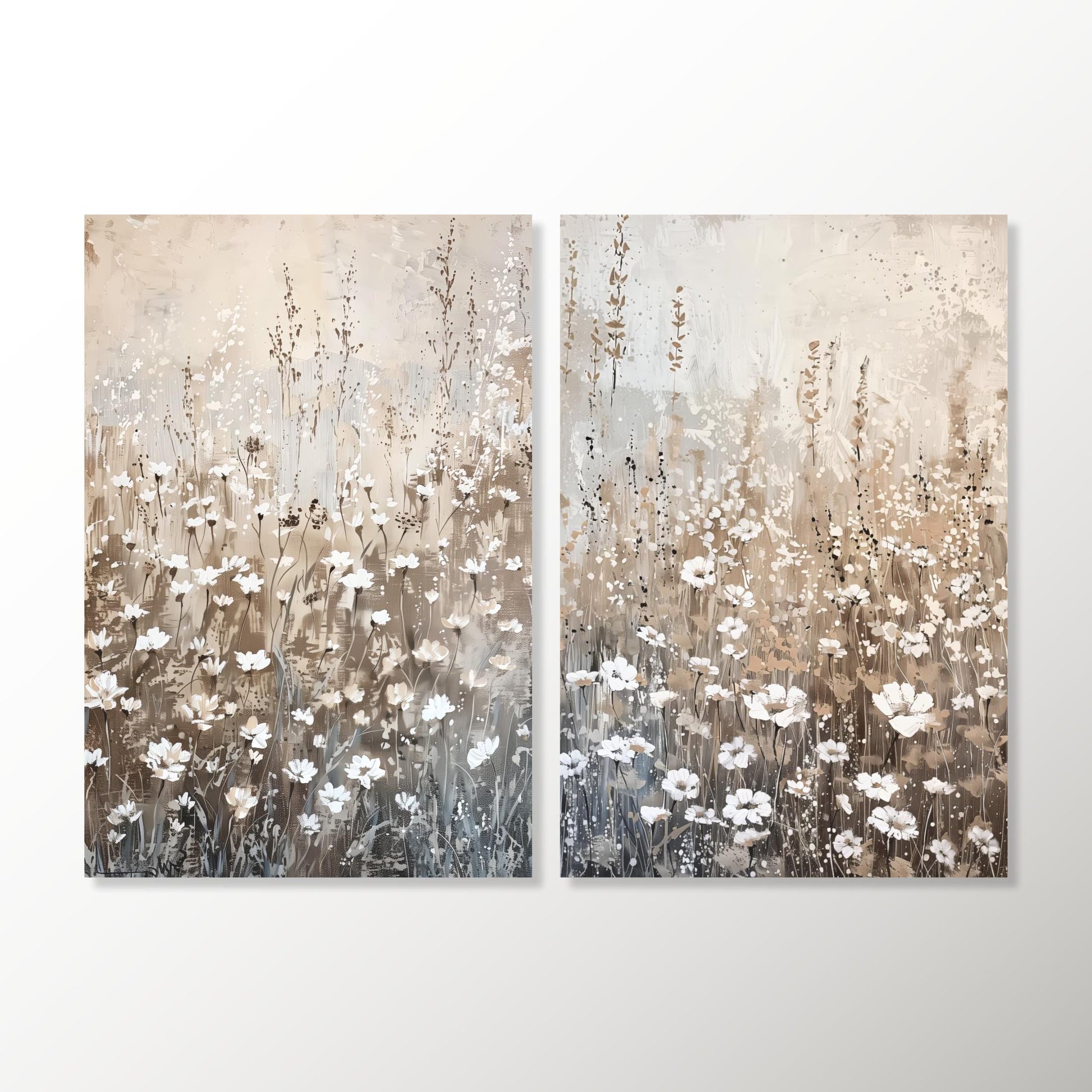 The image is a pair of paintings depicting a field of white flowers against a light beige background.