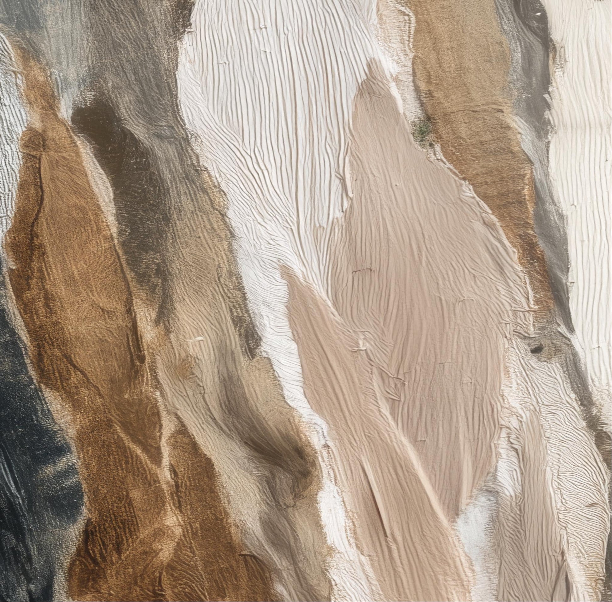 The image is a close-up of a textured surface with a variety of colors and patterns, including shades of brown, white, and gray. The surface appears to be a mix of different materials or textures, creating a visually interesting and dynamic composition.
