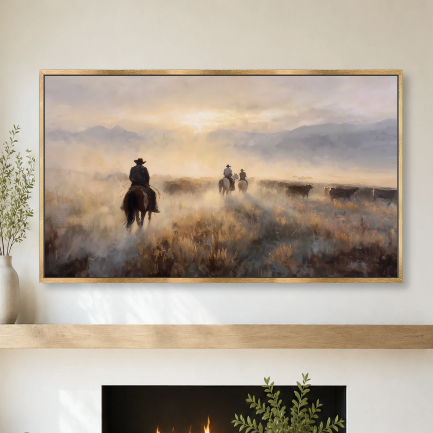a serene scene of cowboys on horseback herding cattle in a vast, open field under a hazy, golden sky.