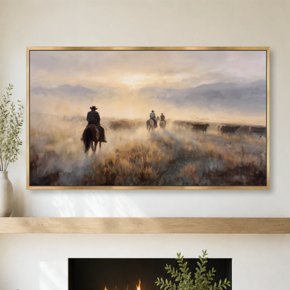a serene scene of cowboys on horseback herding cattle in a vast, open field under a hazy, golden sky.