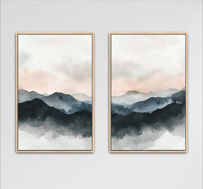 mountain wall art, nature landscape, abstract decor, living room, minimalist range, rustic painting, 2 Piece Wall Art, Set Of 2 Wall Art, diptych wall art, Apartment Wall Art, neutral gray peach, Unique Wall Art