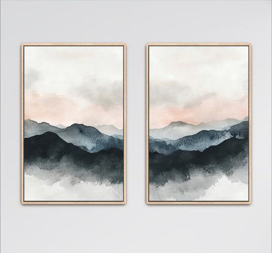 mountain wall art, nature landscape, abstract decor, living room, minimalist range, rustic painting, 2 Piece Wall Art, Set Of 2 Wall Art, diptych wall art, Apartment Wall Art, neutral gray peach, Unique Wall Art