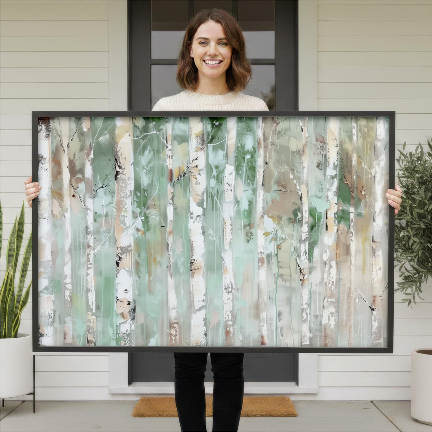 A woman is standing in front of a white house, holding a large framed painting of a forest scene.