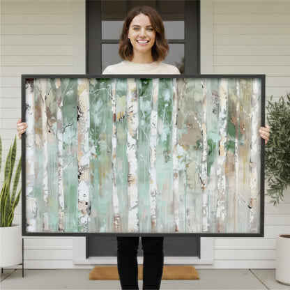 A woman is standing in front of a white house, holding a large framed painting of a forest scene.