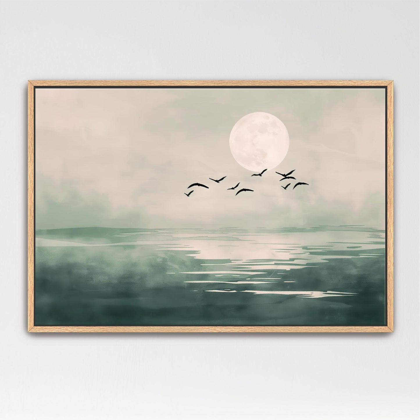 A serene landscape with a large moon in the sky, a calm body of water, and a flock of birds flying over the water.