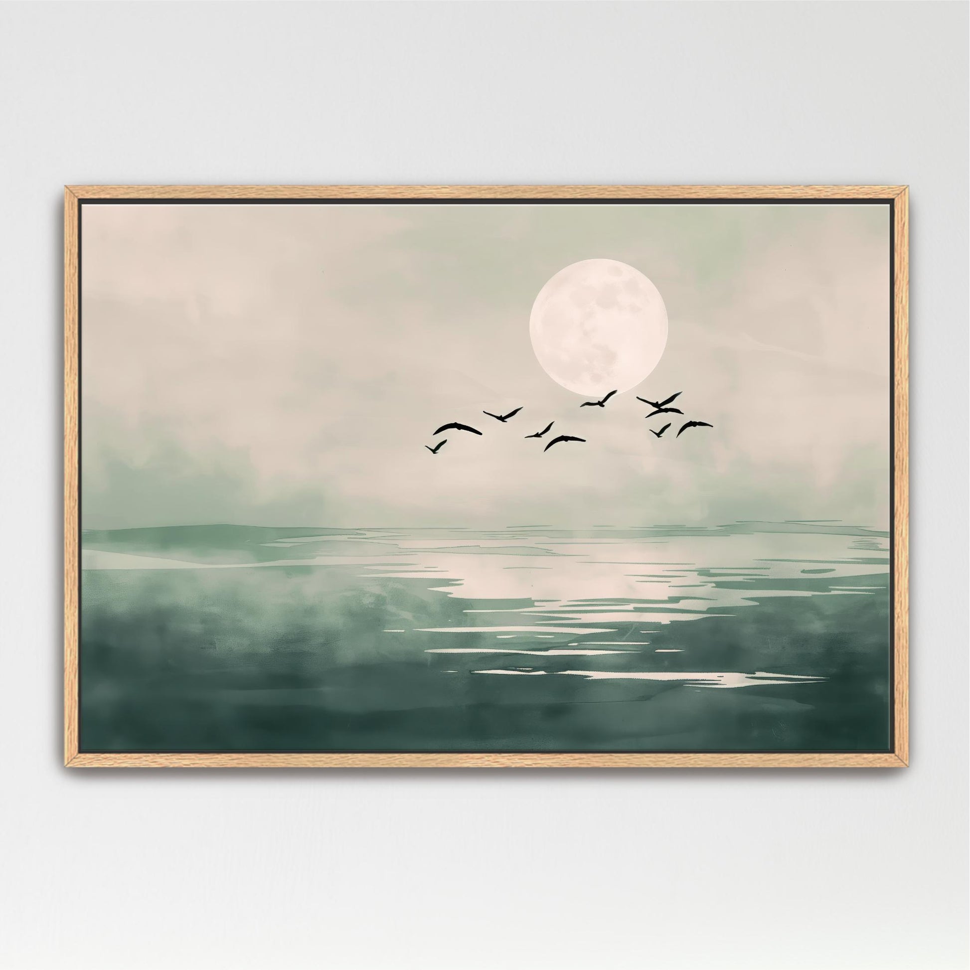 A serene landscape with a large moon in the sky, a calm body of water, and a flock of birds flying over the water.