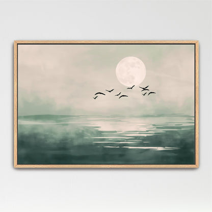 A serene landscape with a large moon in the sky, a calm body of water, and a flock of birds flying over the water.