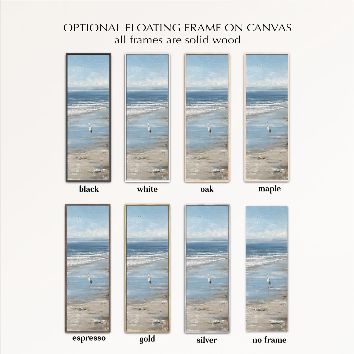 a collection of framed beach scenes, each with a different frame color and style. The frames are all made of solid wood, giving them a natural and rustic appearance. The frames come in various colors, including black, white, oak, maple, espresso, gold, and silver. The frames are arranged in a grid format, showcasing the different options available for displaying beach scenes.