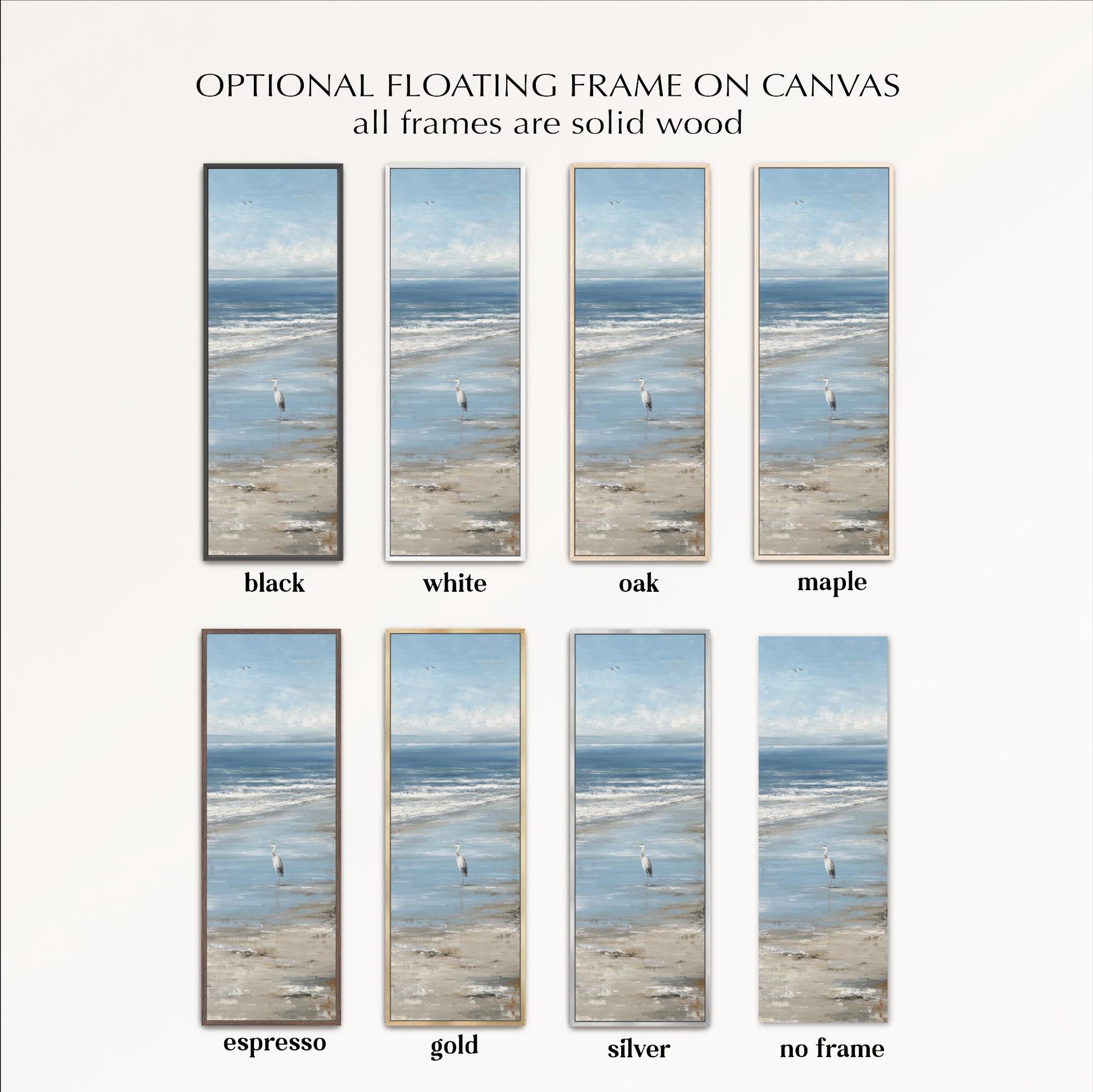 a collection of framed beach scenes, each with a different frame color and style. The frames are all made of solid wood, giving them a natural and rustic appearance. The frames come in various colors, including black, white, oak, maple, espresso, gold, and silver. The frames are arranged in a grid format, showcasing the different options available for displaying beach scenes.