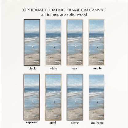 a collection of framed beach scenes, each with a different frame color and style. The frames are all made of solid wood, giving them a natural and rustic appearance. The frames come in various colors, including black, white, oak, maple, espresso, gold, and silver. The frames are arranged in a grid format, showcasing the different options available for displaying beach scenes.