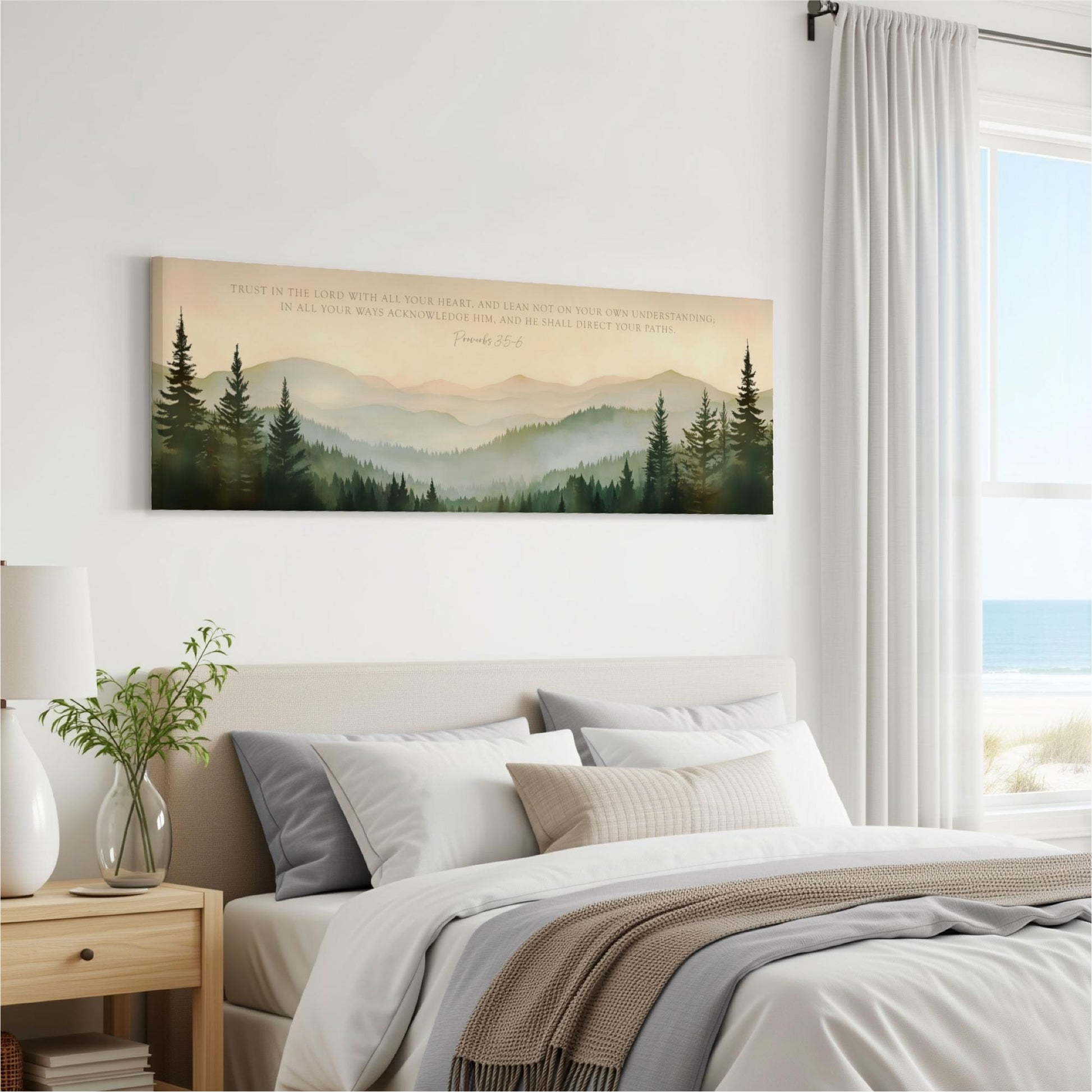 a bedroom with a large bed, a nightstand, and a painting of a forest landscape hanging on the wall above the bed.