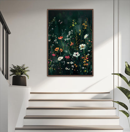 a large, colorful painting of flowers hanging on a white wall above a set of white stairs.
