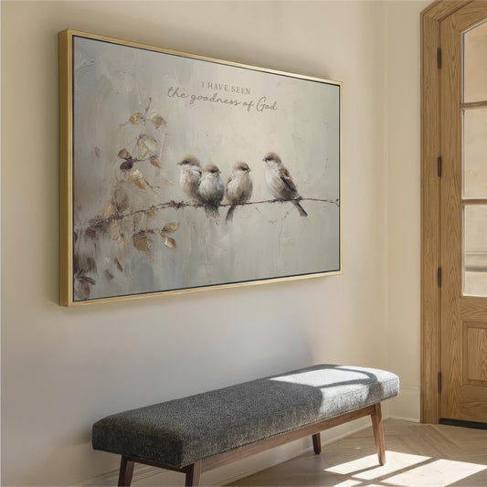 Goodness of God Wall Art, Vintage Birds Neutral Beige Framed Canvas Print, Christian Decor, Religious Gift Idea