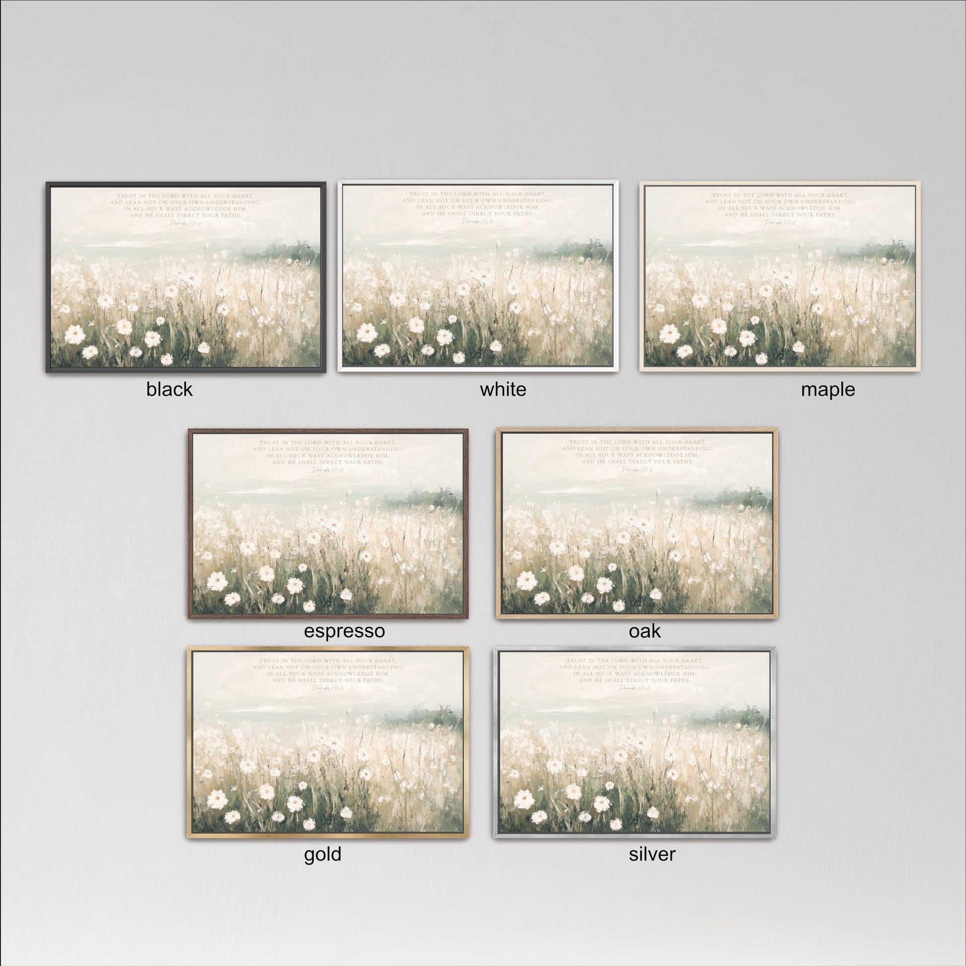 six framed pictures of a field with white flowers, each with a different color frame. The frames are labeled with the color of the frame, such as black, white, maple, espresso, oak, gold, and silver.