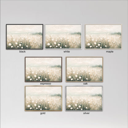 six framed pictures of a field with white flowers, each with a different color frame. The frames are labeled with the color of the frame, such as black, white, maple, espresso, oak, gold, and silver.
