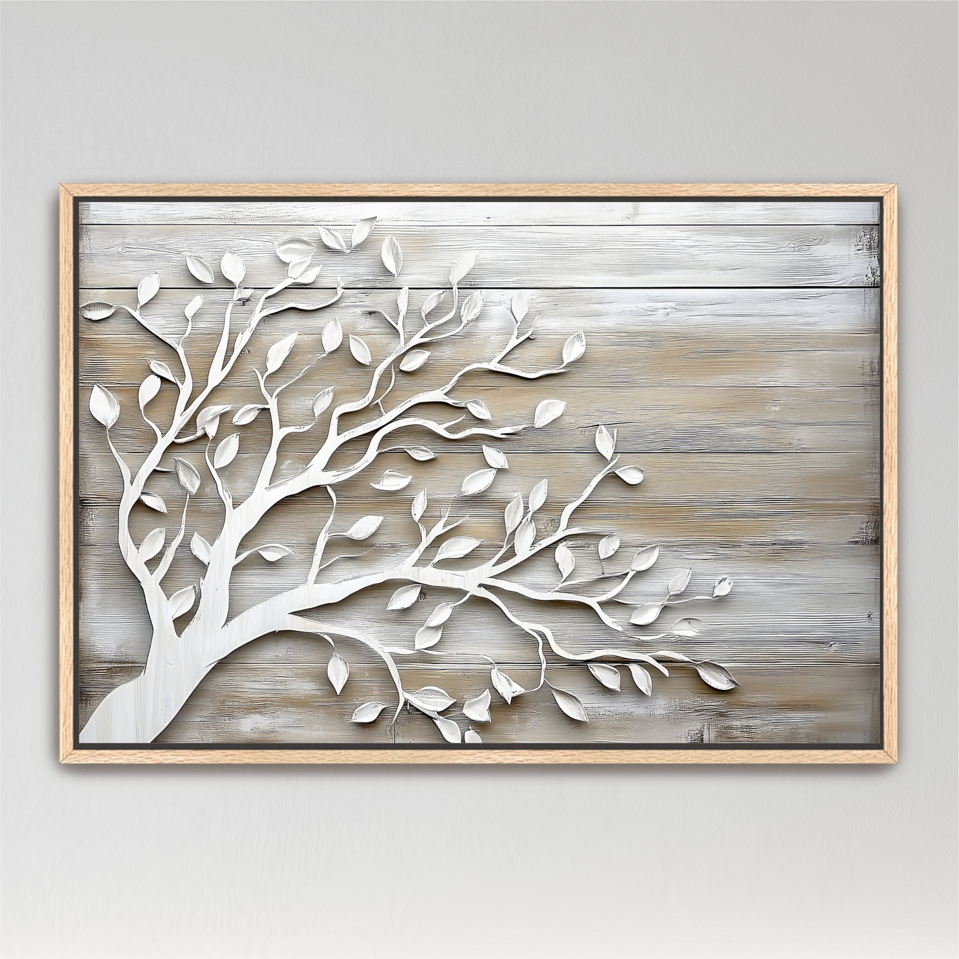 a wooden wall with a white tree branch design in the center.