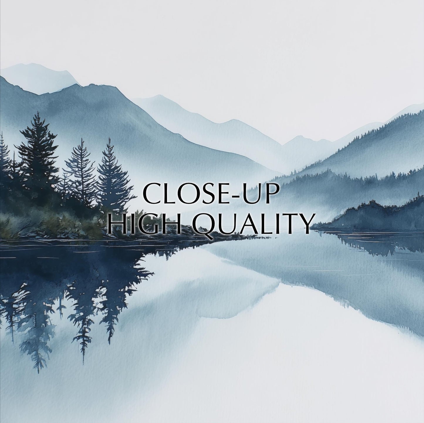 a serene landscape with a lake, mountains, and pine trees. The mountains are covered in fog, creating a misty and atmospheric effect. The water in the lake reflects the surrounding scenery, adding depth and dimension to the scene. The text "CLOSE-UP HIGH QUALITY" overlays the image, suggesting a close-up view of the landscape, highlighting its beauty and detail.