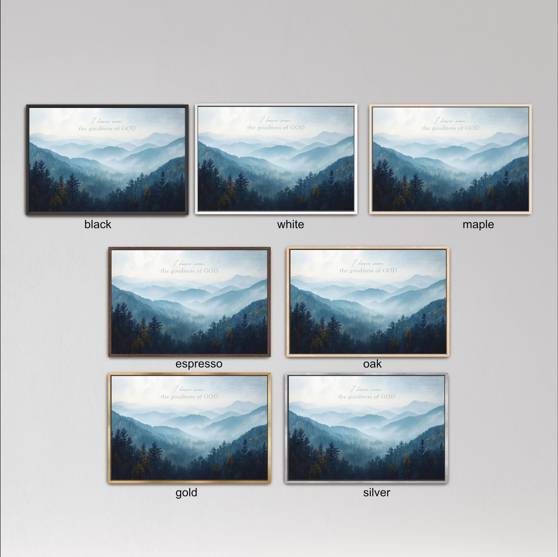 six framed landscape photographs depicting mountains and forests, each with a different color frame. The frames are labeled with the color of the frame, such as black, white, maple, espresso, oak, and gold.