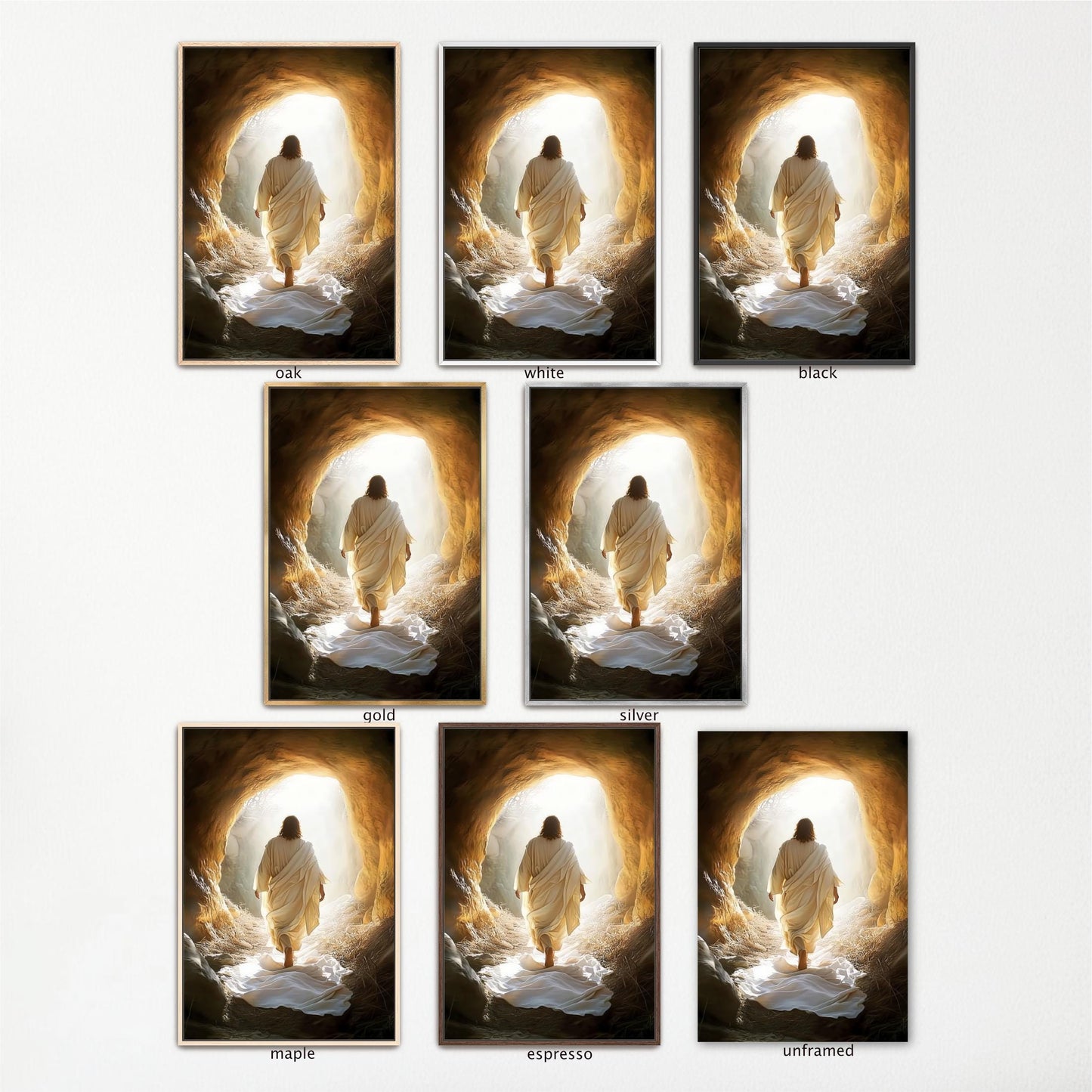 The image is a collage of seven images depicting a person walking through a tunnel or cave, with the person wearing a white robe and walking towards the light at the end of the tunnel.